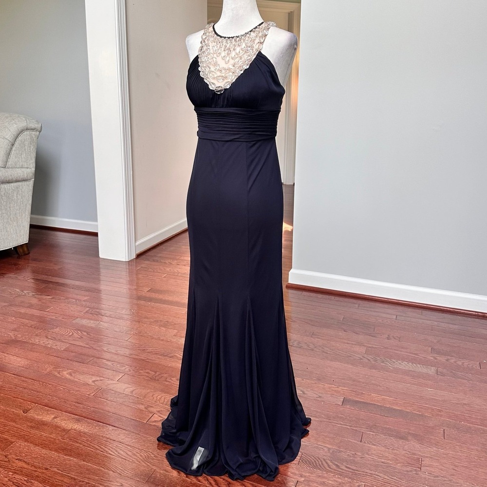 Vintage Y2K Adrianna Papell Big Beaded Navy Blue Gown Dress Size 2